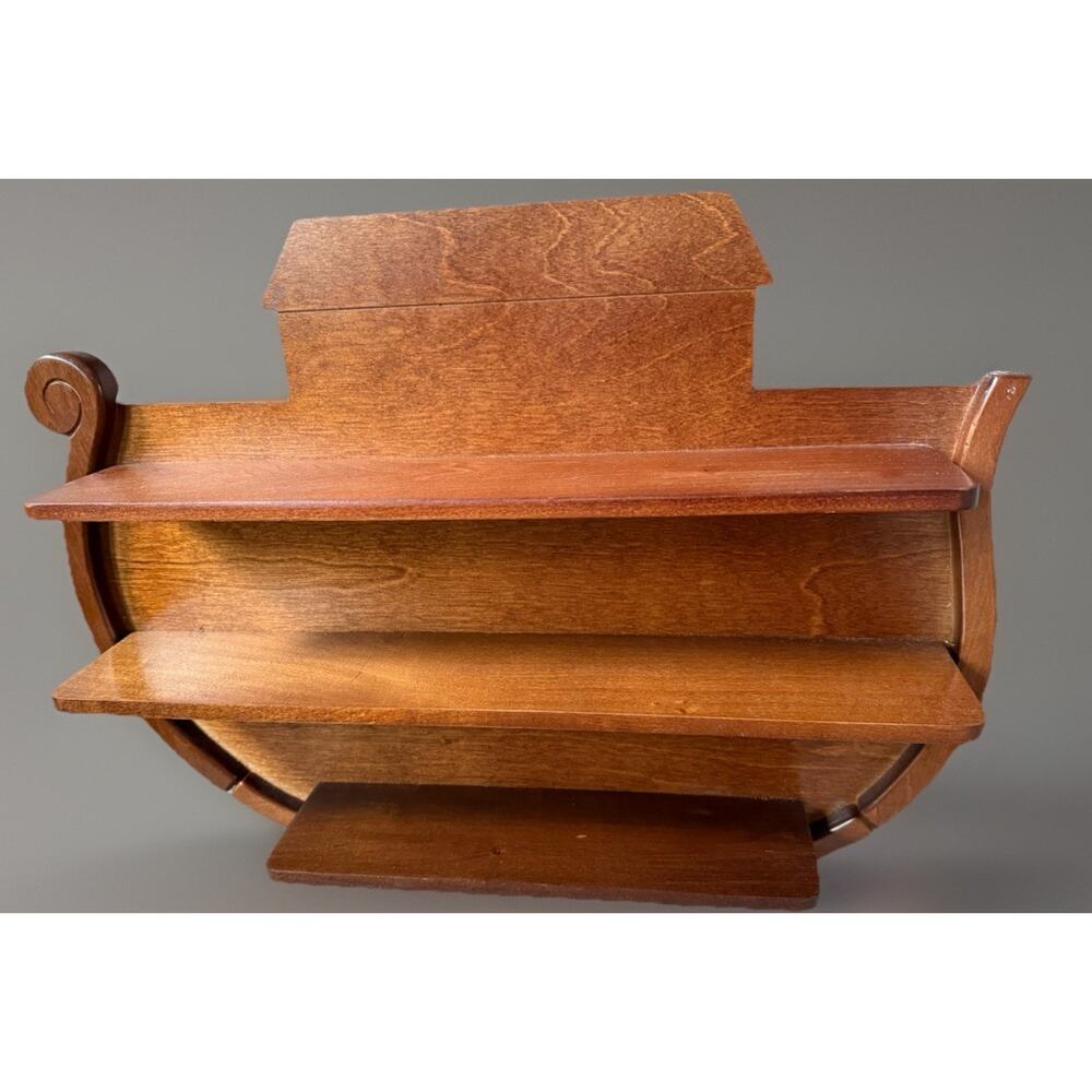 Vintage Wooden Wall Shelf Curio Display Shelf Ark Shape 3 Tier Hanging